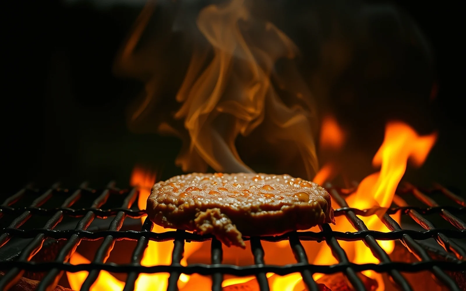 炎の上で焼けるパティ